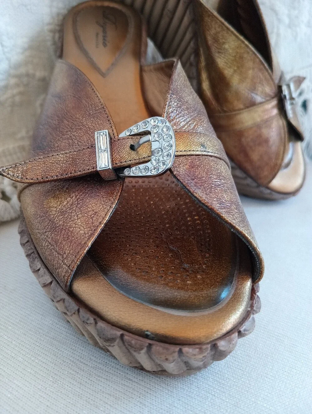 Dezario Bronze Metallic Wedge Slides Rhinestone Buckle Bamboo Gold Platform Heel